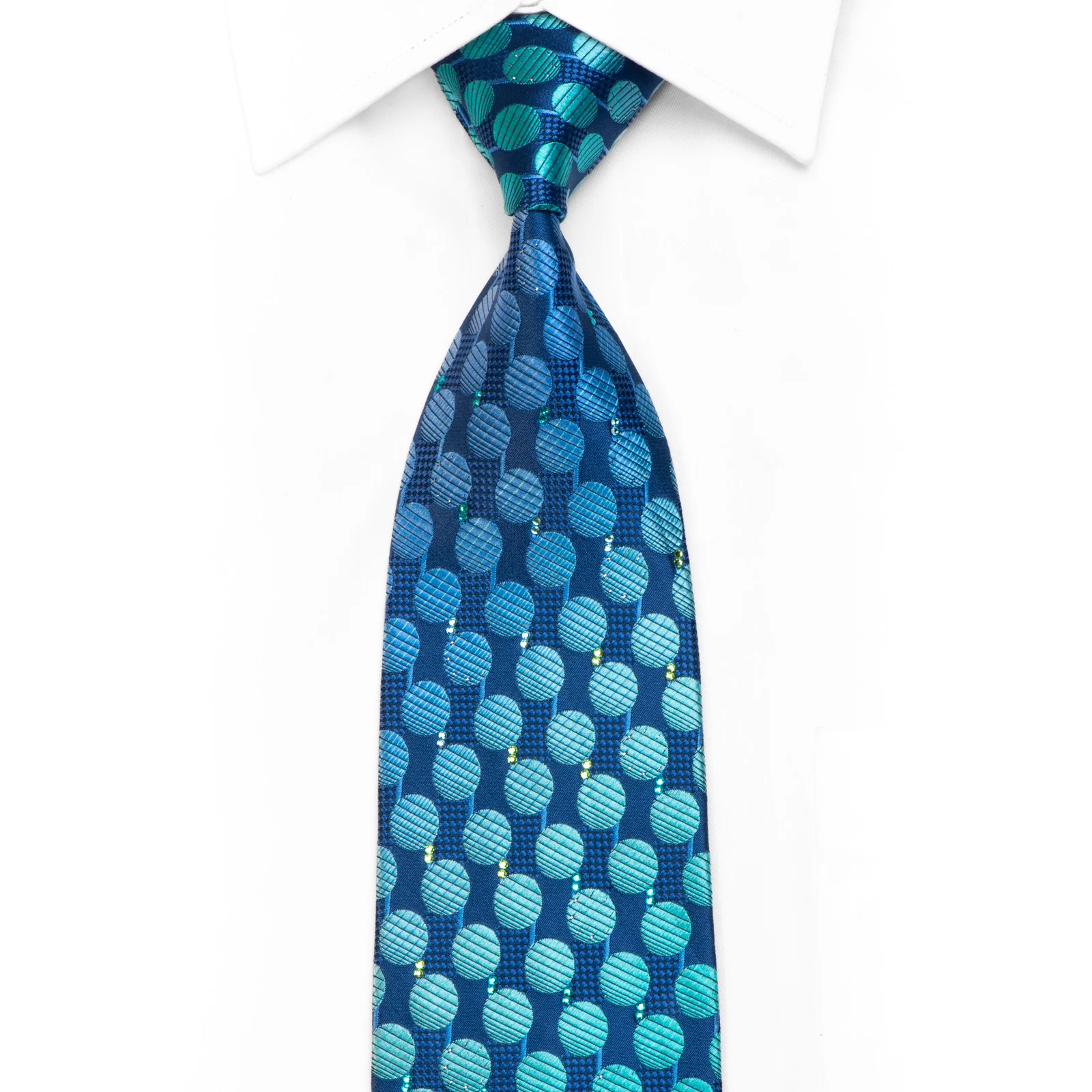 Mila Schon Rhinestone Silk Necktie Teal Geometric On Blue With Sparkles