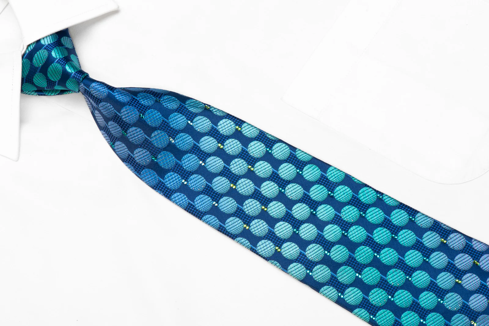 Mila Schon Rhinestone Silk Necktie Teal Geometric On Blue With Sparkles - Image 2