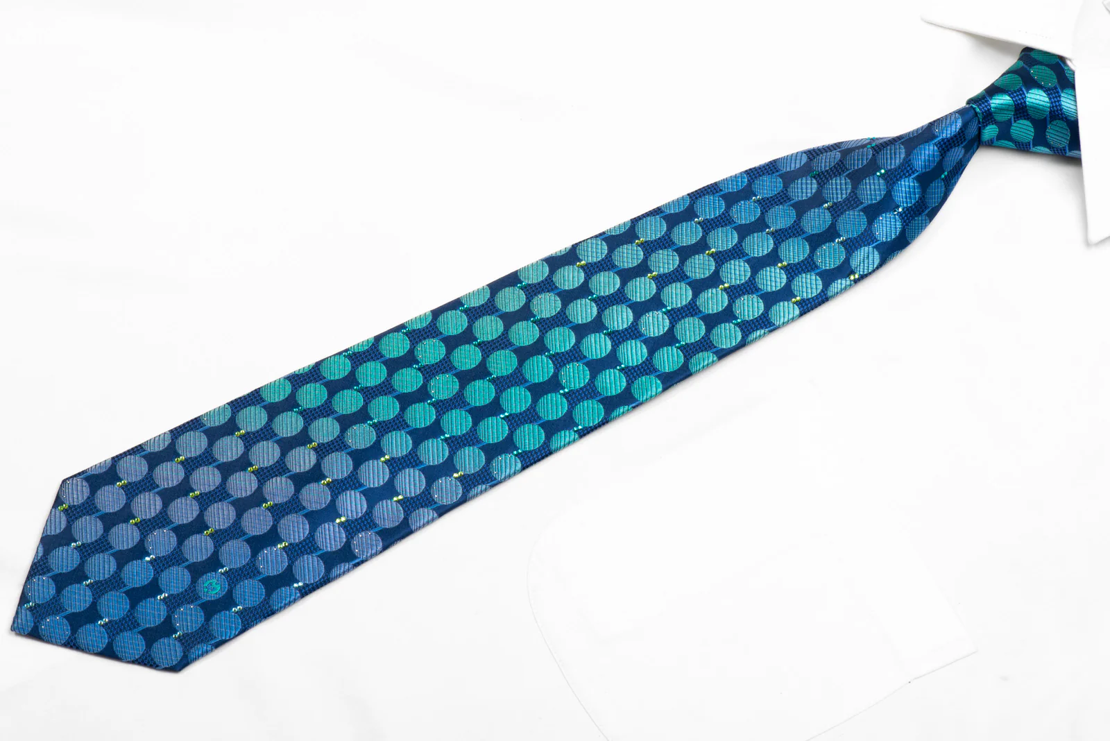 Mila Schon Rhinestone Silk Necktie Teal Geometric On Blue With Sparkles - Image 3