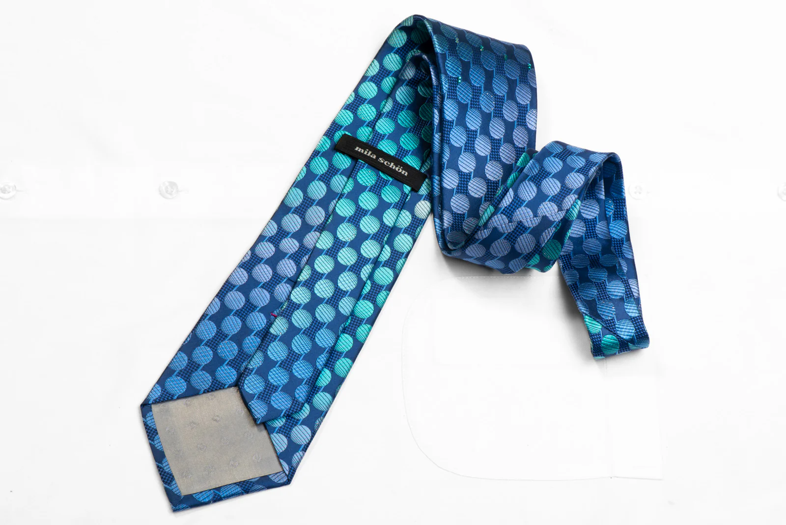 Mila Schon Rhinestone Silk Necktie Teal Geometric On Blue With Sparkles - Image 4
