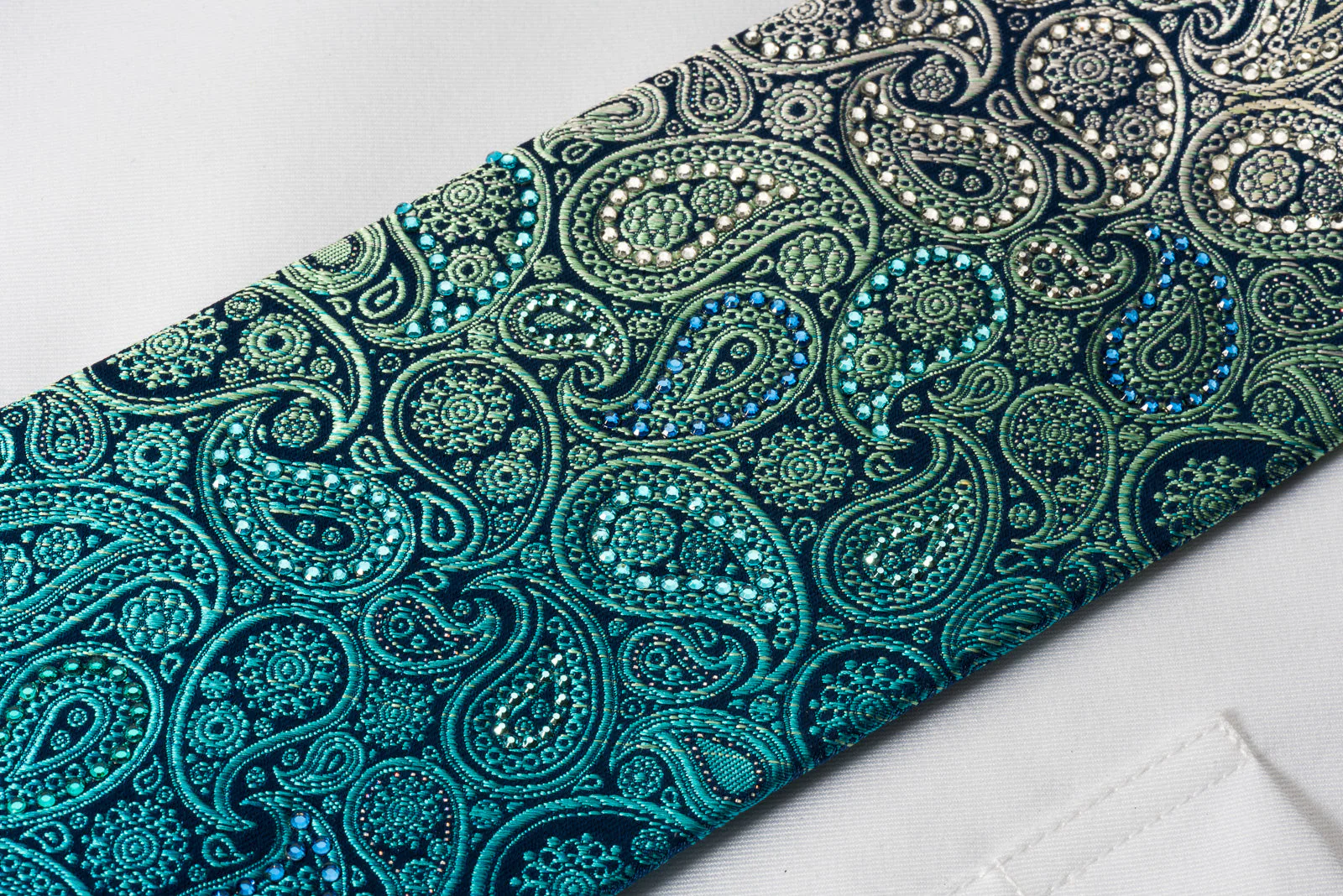 Mila Schon Rhinestone Silk Necktie Turquoise Paisley With Silver Sparkles - Image 3