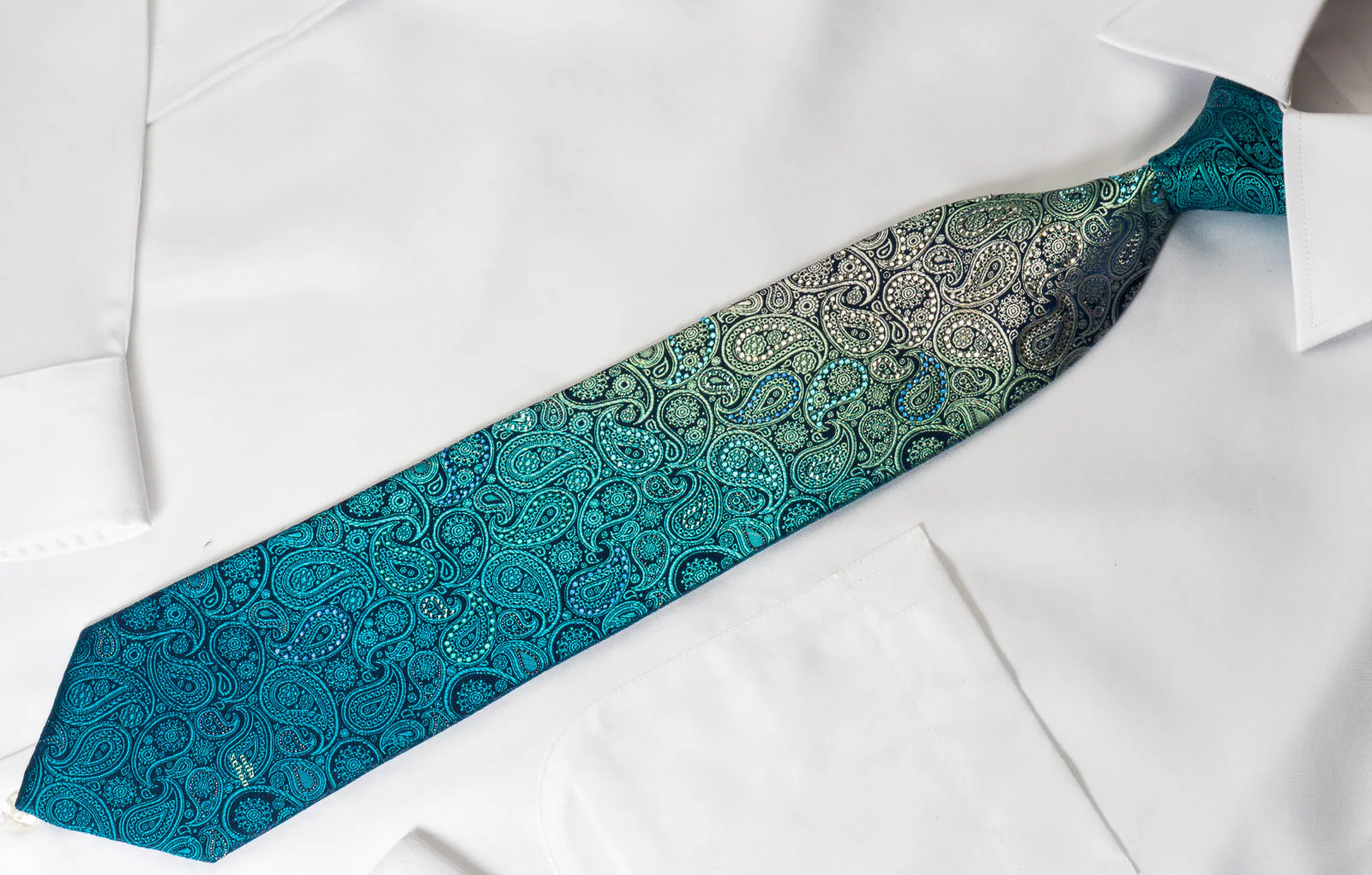 Mila Schon Rhinestone Silk Necktie Turquoise Paisley With Silver Sparkles - Image 4