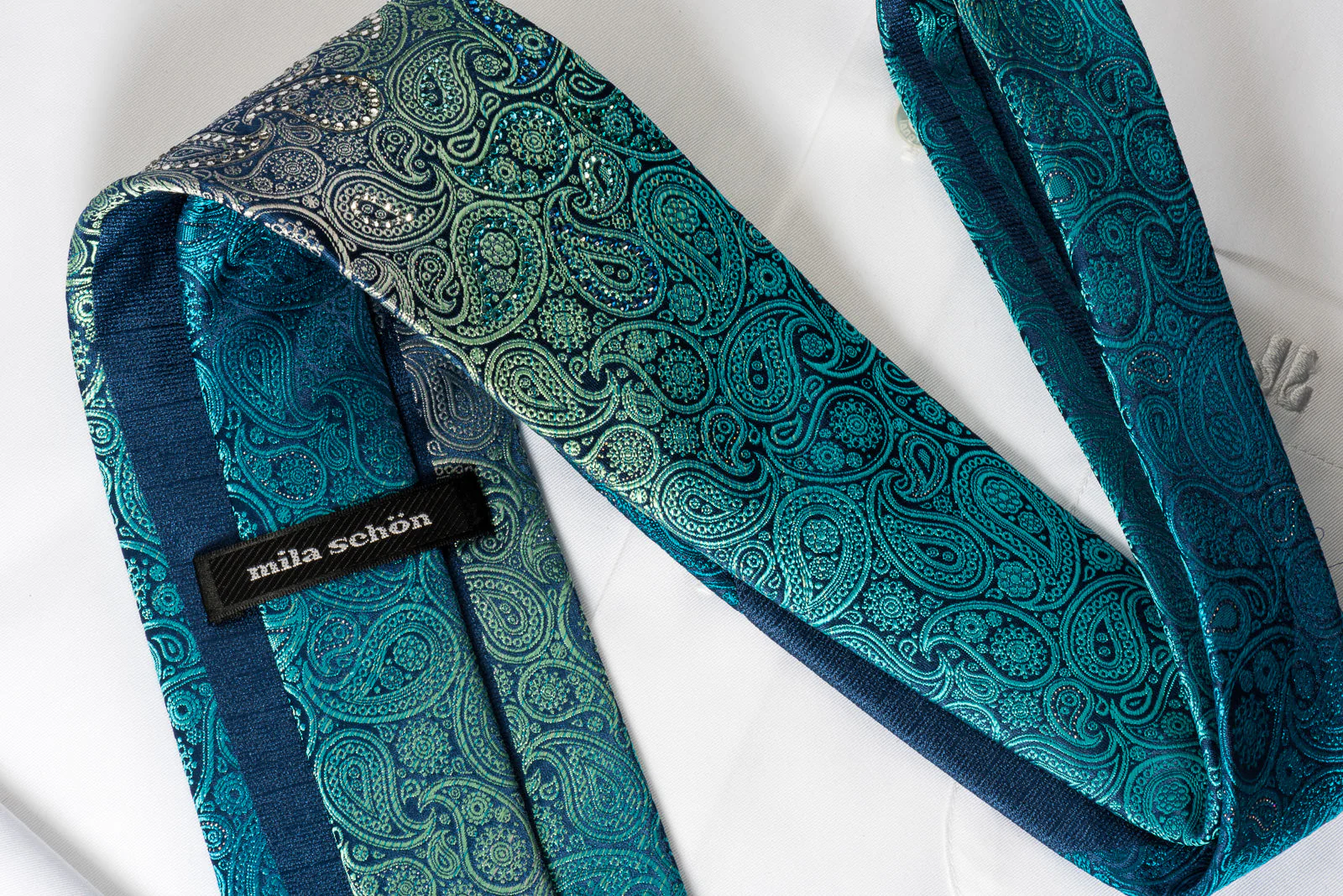 Mila Schon Rhinestone Silk Necktie Turquoise Paisley With Silver Sparkles - Image 5