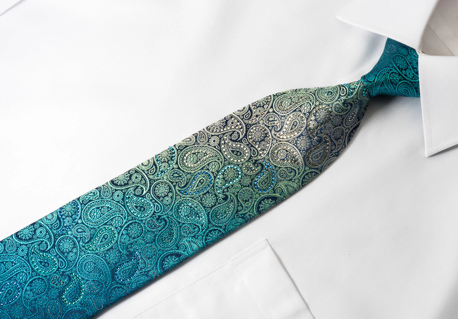 Mila Schon Rhinestone Silk Necktie Turquoise Paisley With Silver Sparkles - Image 6