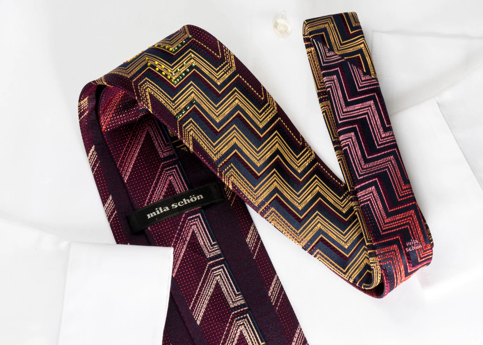 Mila Schon Rhinestone Silk Necktie Yellow Chevron On Burgundy With Red Sparkles - Image 3