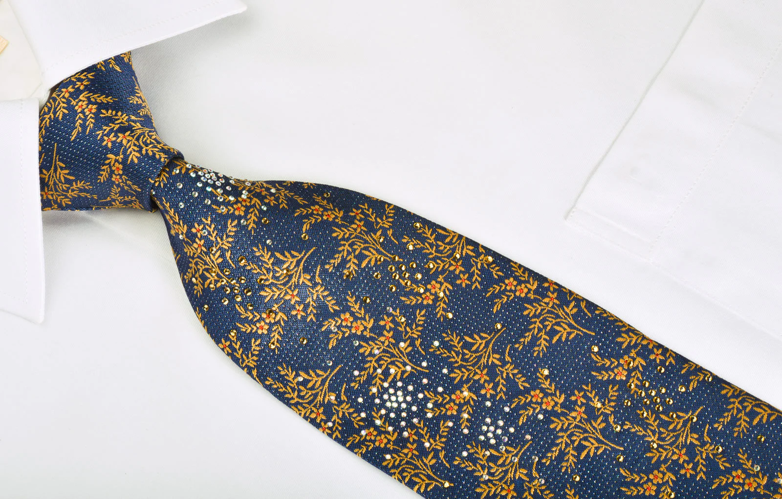 Mila Schon Rhinestone Silk Necktie Yellow Floral On Blue With Micro Sparkles - Image 3