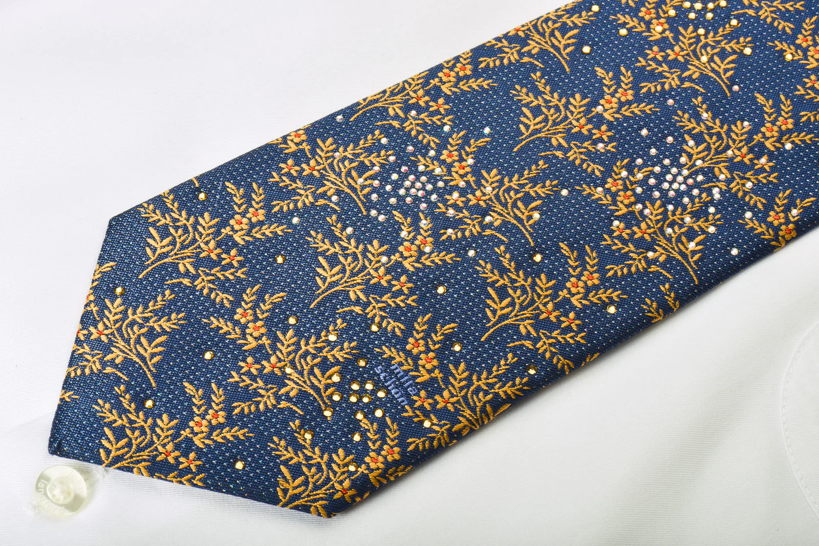Mila Schon Rhinestone Silk Necktie Yellow Floral On Blue With Micro Sparkles - Image 4
