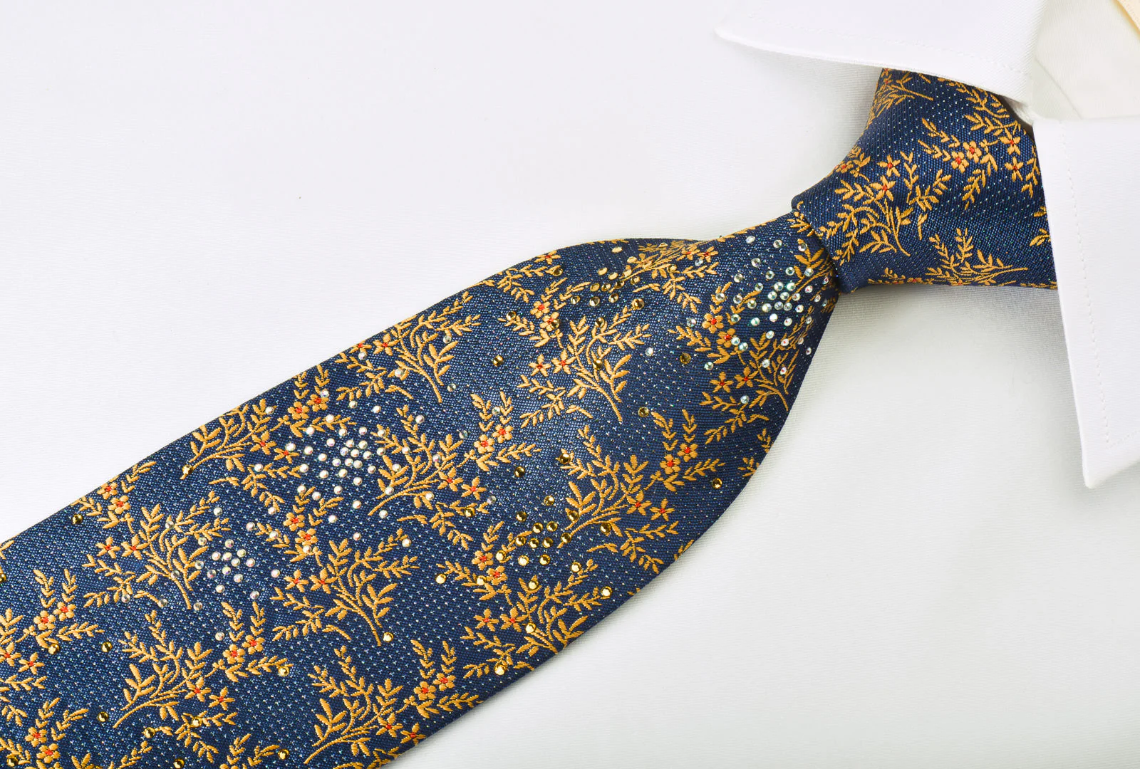 Mila Schon Rhinestone Silk Necktie Yellow Floral On Blue With Micro Sparkles - Image 6