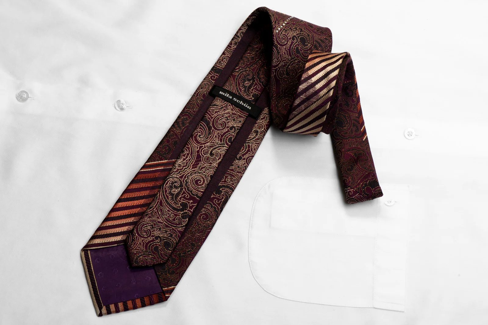 Mila Schon Rhinestone Silk Tie Gold Paisley On Purple With Gold Studs - Image 5