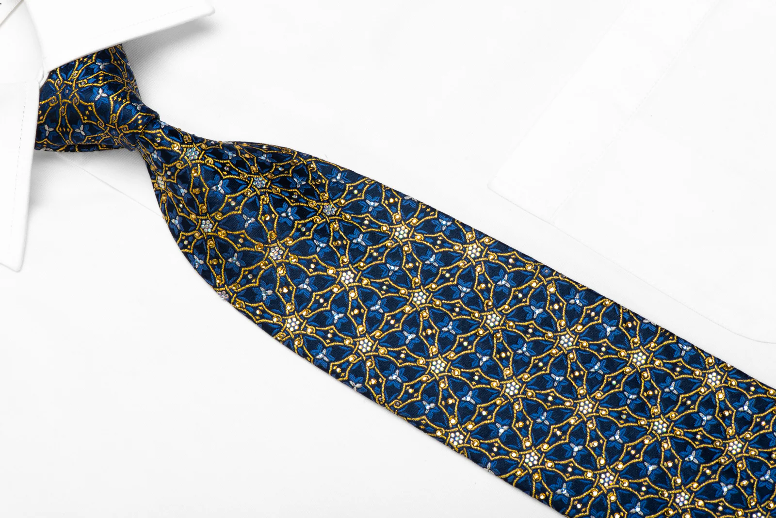 Mila Schon Rhinestone Silk Tie Gold Trellis On Navy With Gold Sparkles - Image 2