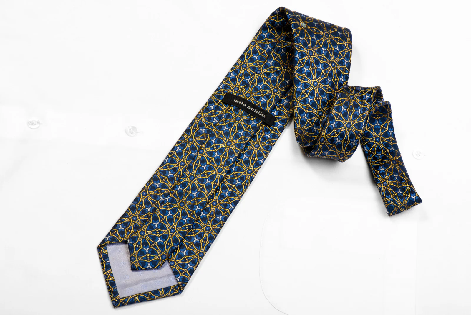 Mila Schon Rhinestone Silk Tie Gold Trellis On Navy With Gold Sparkles - Image 4