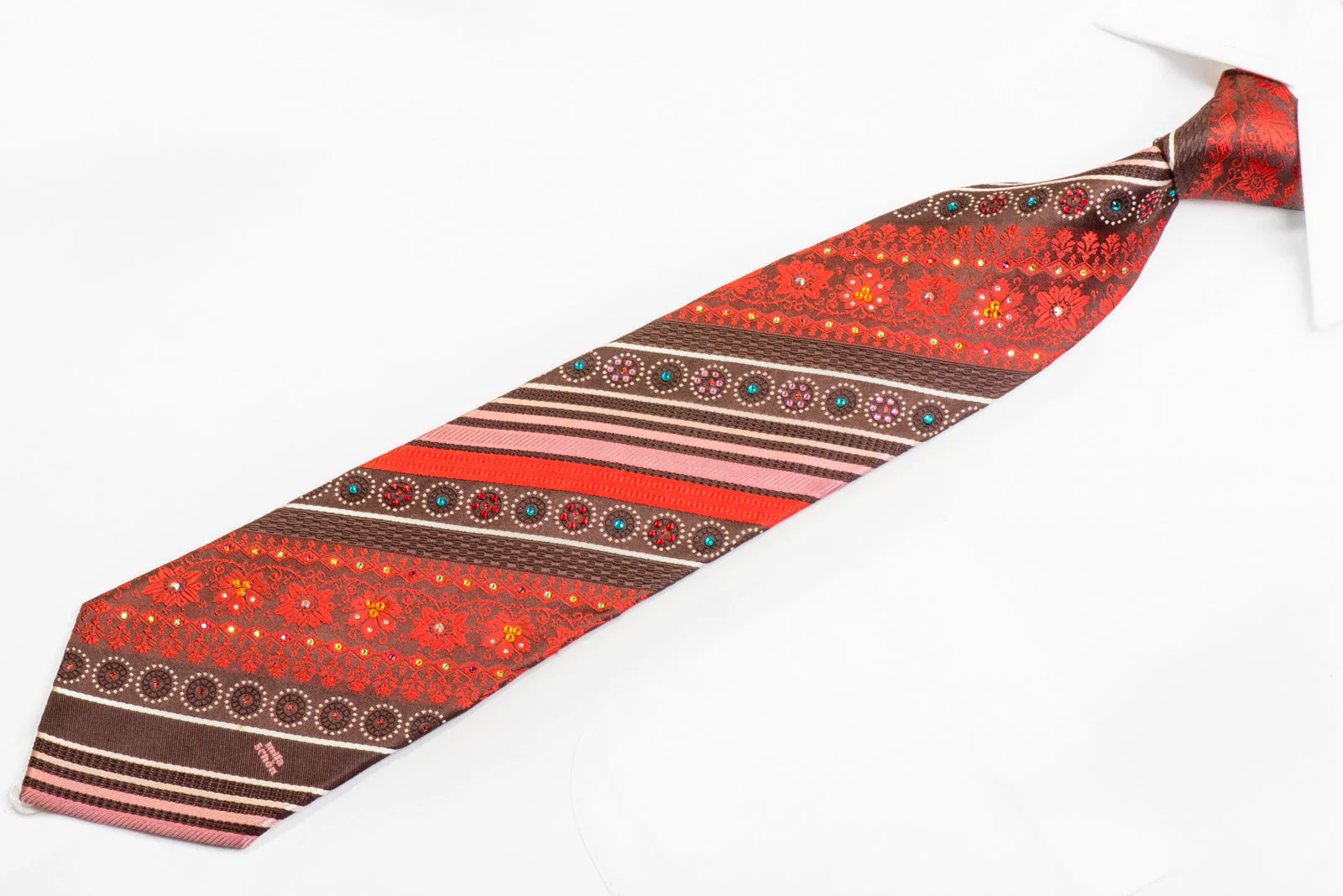 Rhinestone Silk Tie Orange Striped Cartouche On Brown With Sparkles - Image 3