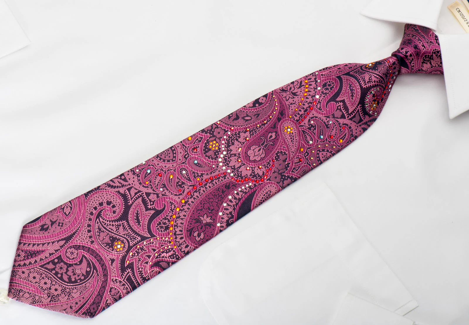 Mila Schon Rhinestone Silk Tie Purple Paisley With Purple Sparkles - Image 3