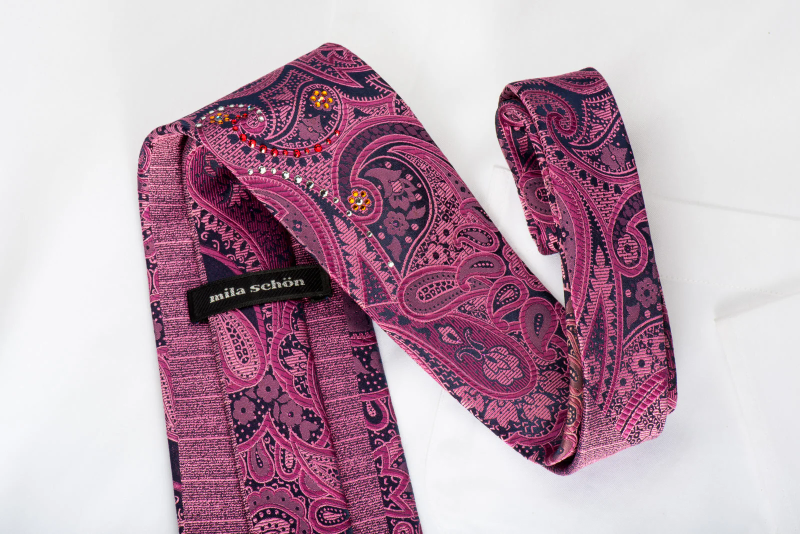 Mila Schon Rhinestone Silk Tie Purple Paisley With Purple Sparkles - Image 5