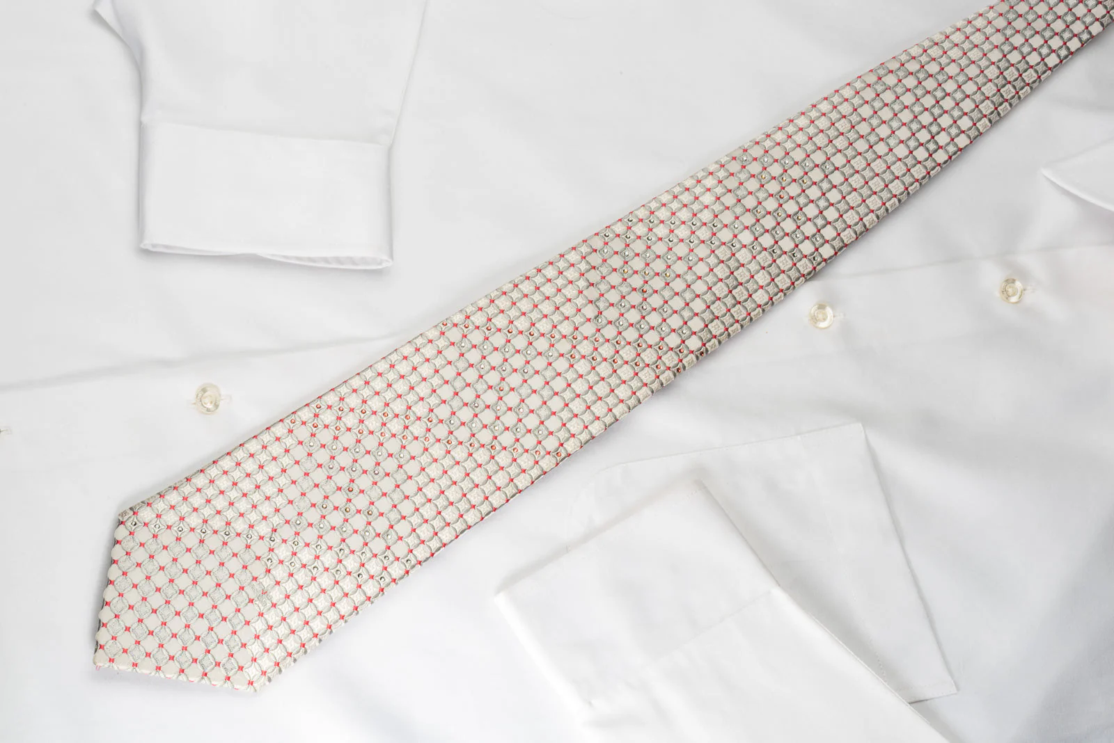 Mila Schon Rhinestone Silk Tie Silver Red Checker On White With Sparkles - Image 3