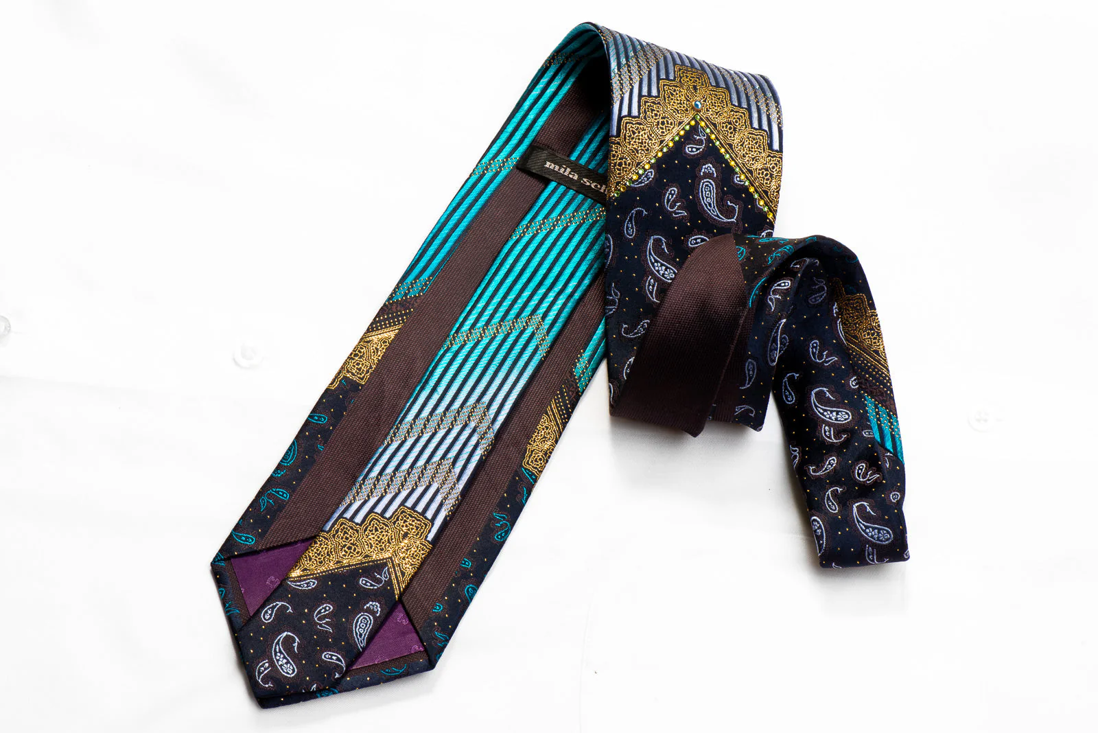 Mila Schon Rhinestone Silk Tie V-Striped Paisley On Navy Silk With Gold Sparkles - Image 5