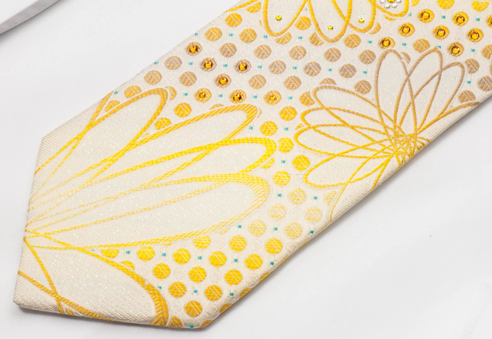 Mila Schon Rhinestone Silk Tie Yellow Geometric Design On White Silk - Image 2
