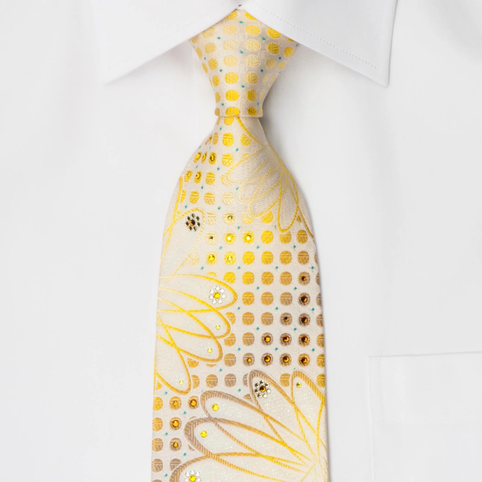 Mila Schon Rhinestone Silk Tie Yellow Geometric Design On White Silk - Image 3