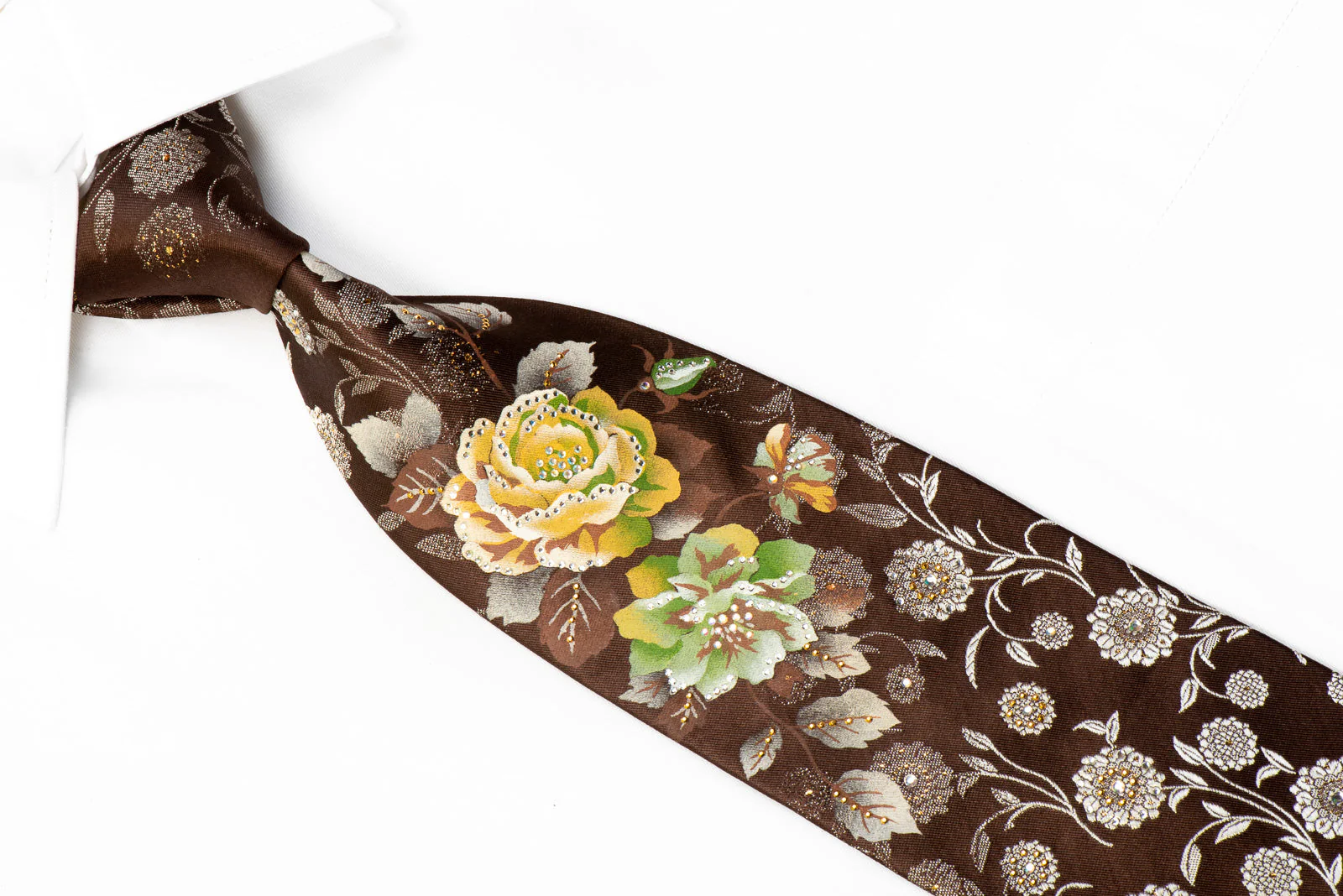 Mila Schon Rhinestone Tie Floral On Brown Silk - Image 2
