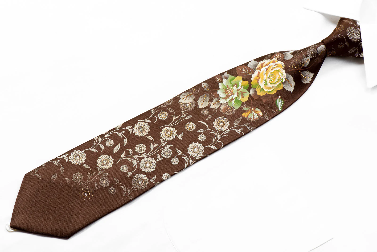 Mila Schon Rhinestone Tie Floral On Brown Silk - Image 3