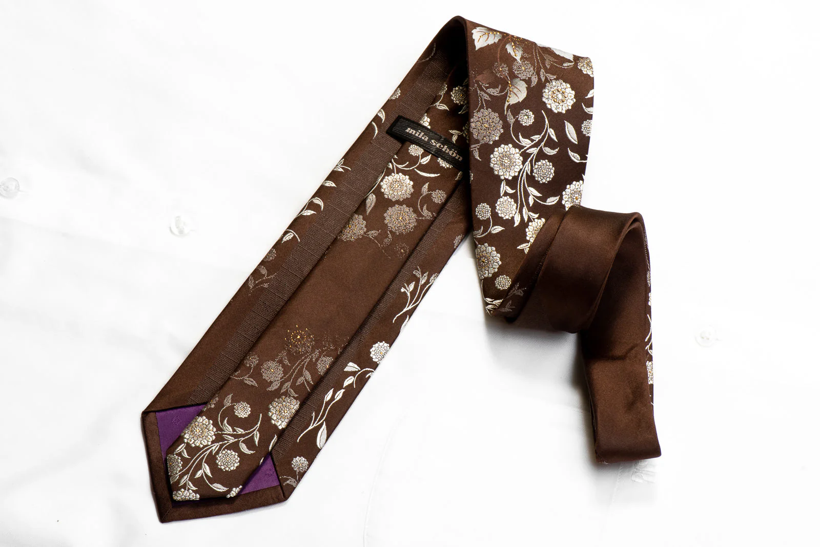 Mila Schon Rhinestone Tie Floral On Brown Silk - Image 5