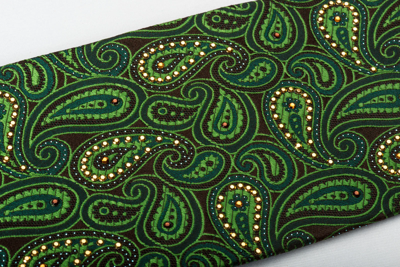 Green Paisley On Brown Rhinestone Tie With Gold Sparkles - Image 3