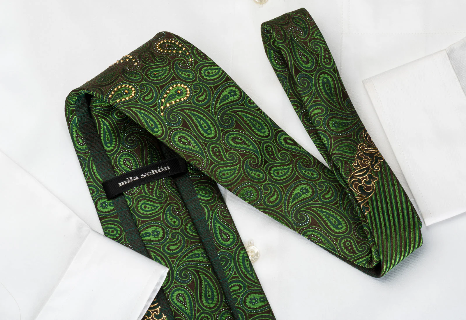Green Paisley On Brown Rhinestone Tie With Gold Sparkles - Image 5