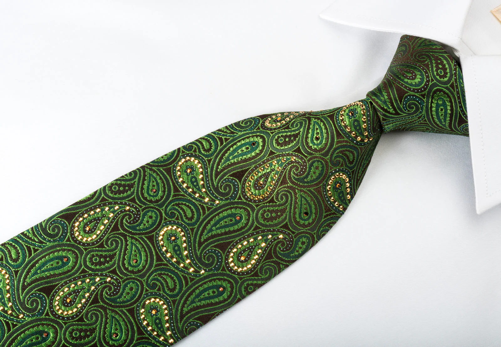 Green Paisley On Brown Rhinestone Tie With Gold Sparkles - Image 7