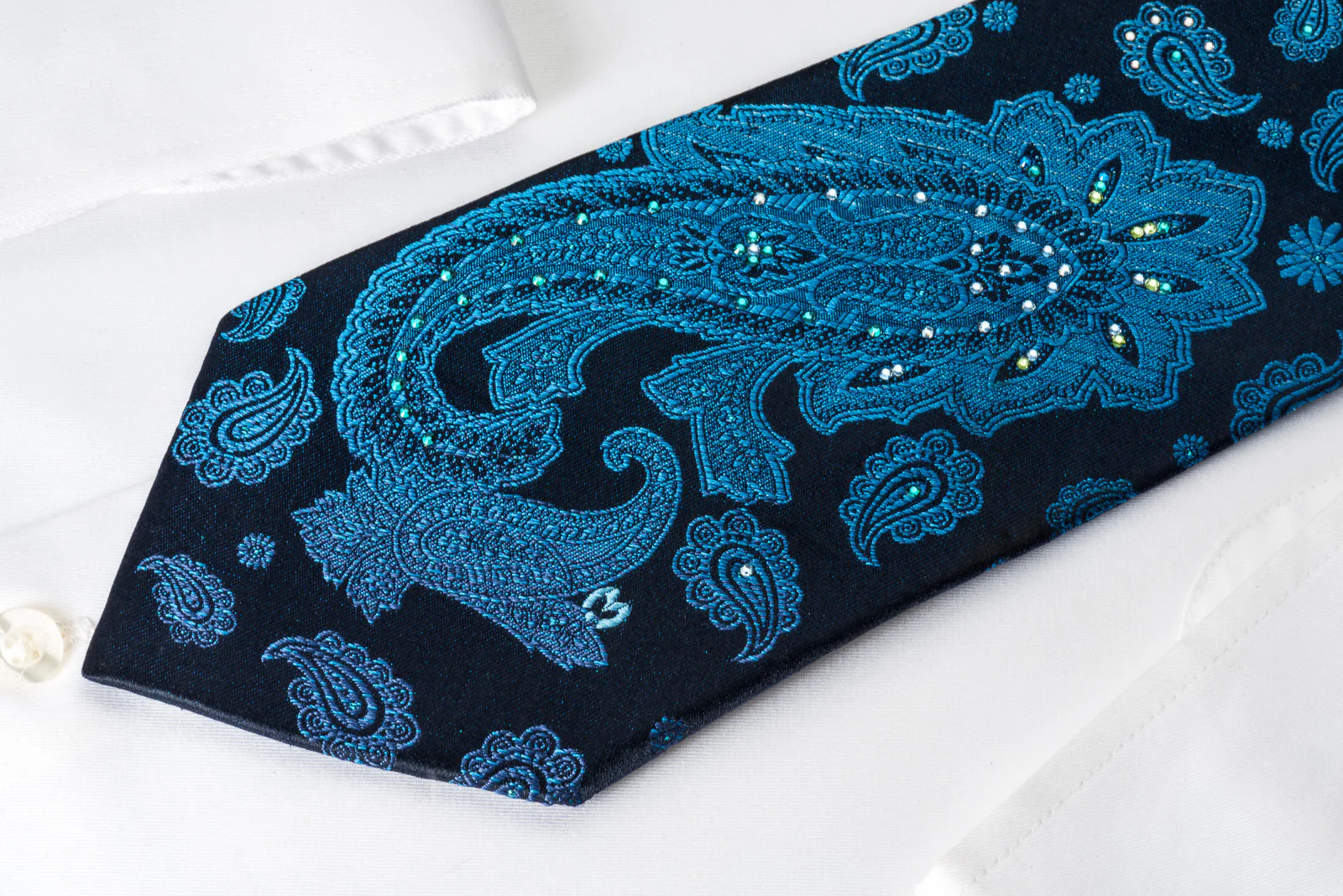Mila Schon Rhinestone Tie Ornate Turquoise Paisley On Blue - Image 2