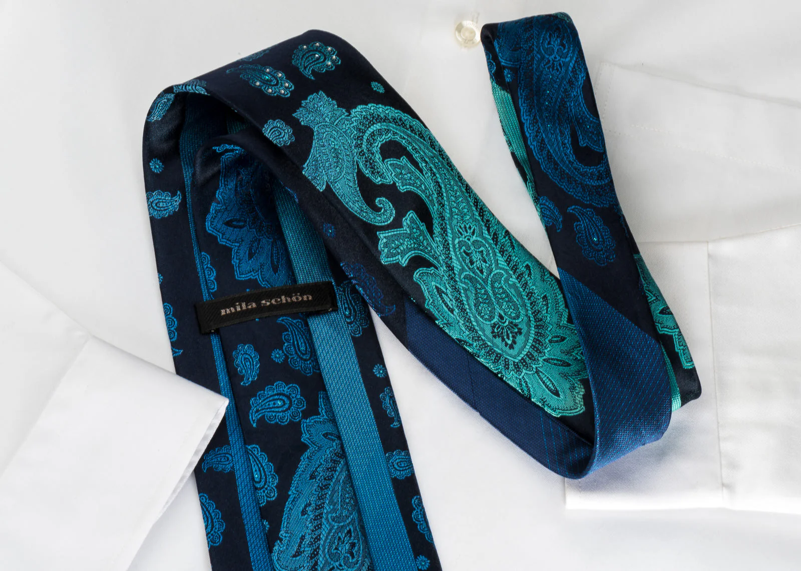 Mila Schon Rhinestone Tie Ornate Turquoise Paisley On Blue - Image 3