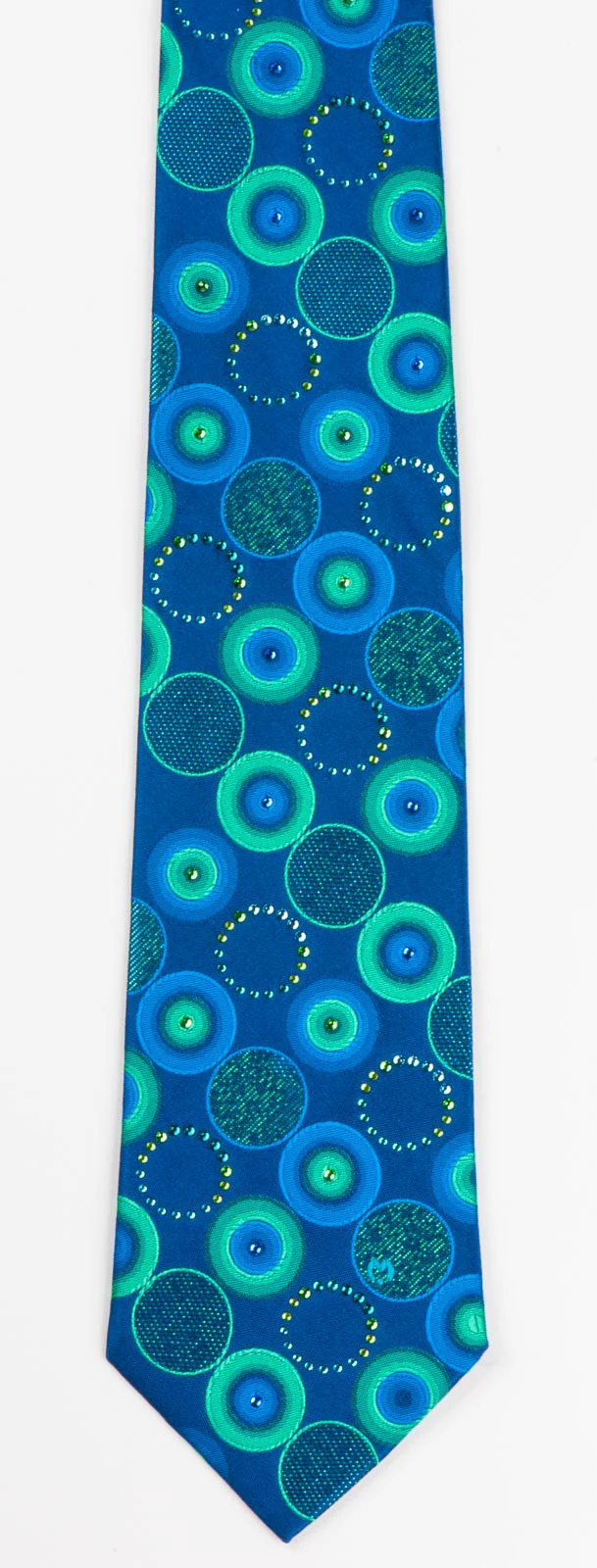 Mila Schon Silk Neck Tie Turquoise Geometric Circles On Blue With Rhinestones - Image 2