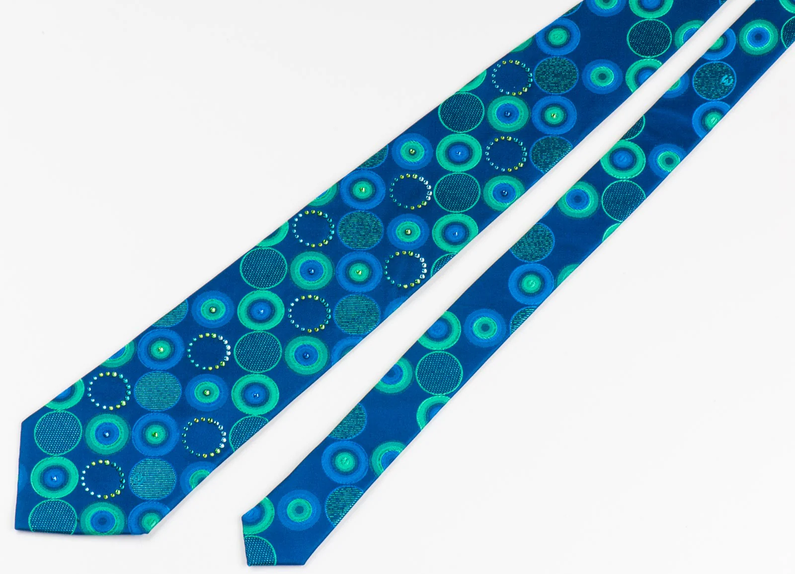 Mila Schon Silk Neck Tie Turquoise Geometric Circles On Blue With Rhinestones - Image 5