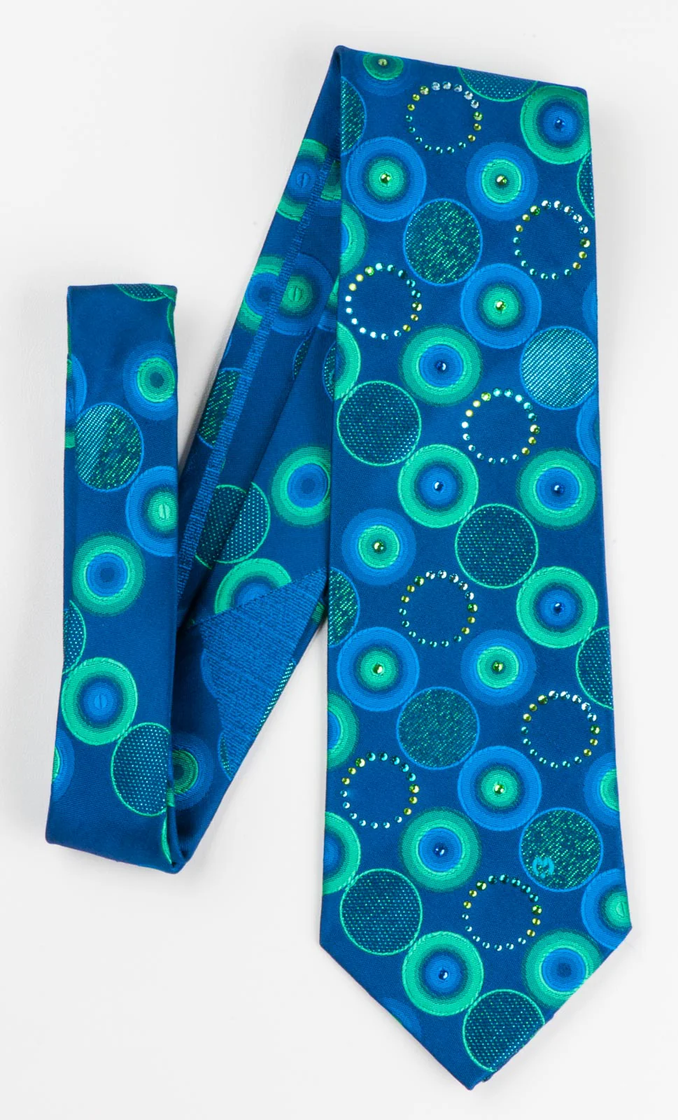 Mila Schon Silk Neck Tie Turquoise Geometric Circles On Blue With Rhinestones - Image 6