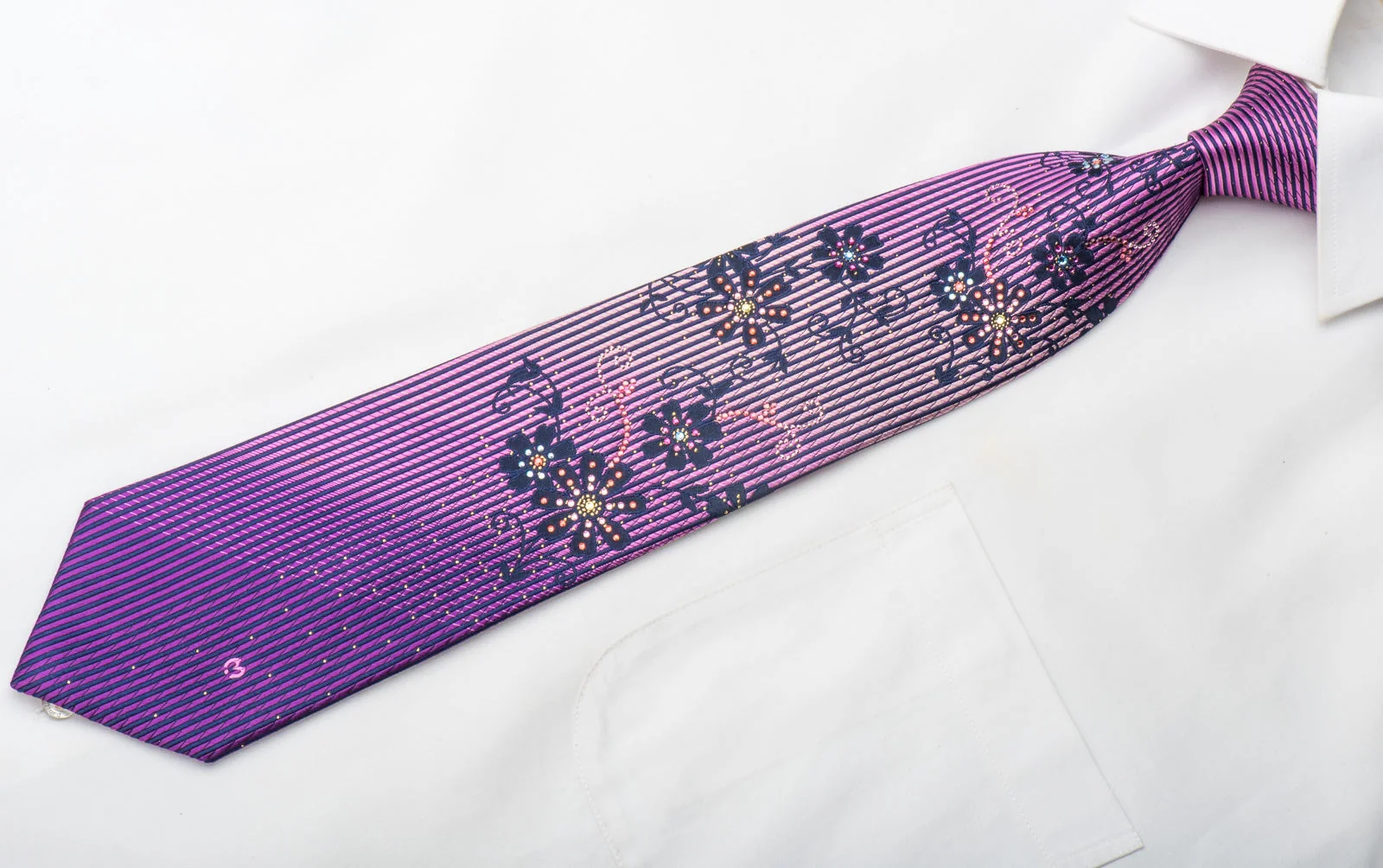 Mila Schon Silk Necktie Floral On Purple Sparkling With Rhinestones - Image 2