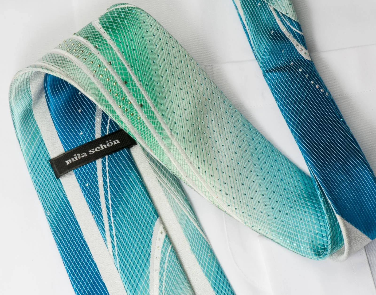 Mila Schon Silk Necktie Geometric Elipses On Blue With Rhinestones - Image 4