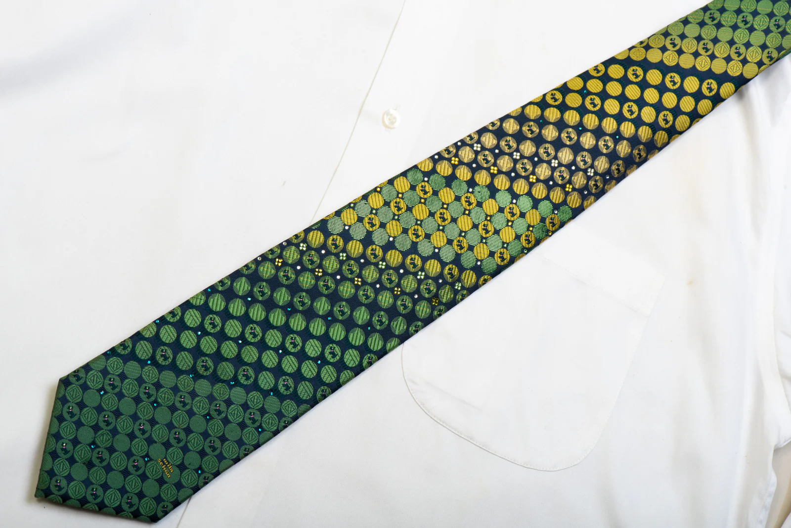 Silk Necktie Green Yellow Geometric & Scotty Dogs On Navy With Rhinestones - Image 5