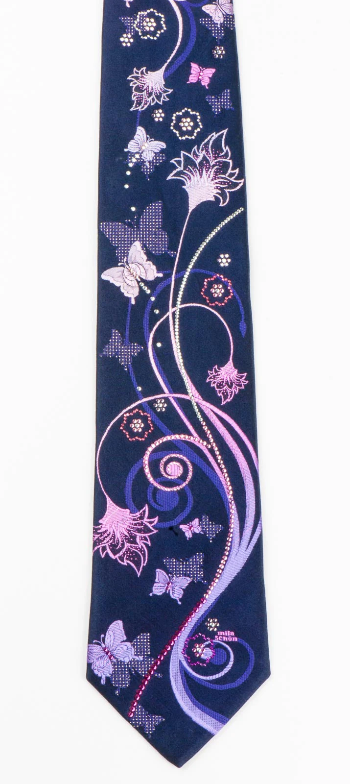 Mila Schon Silk Necktie Purple Pink Butterflies Floral On Blue With Sparkles - Image 6
