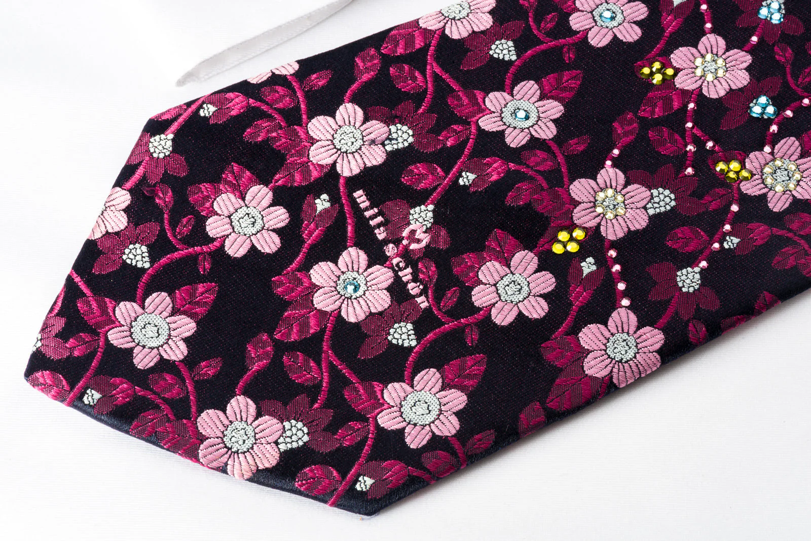 Mila Schon Silk Rhinestone Necktie Burgundy Pink Floral On Purple With Silver Sparkles - Image 8