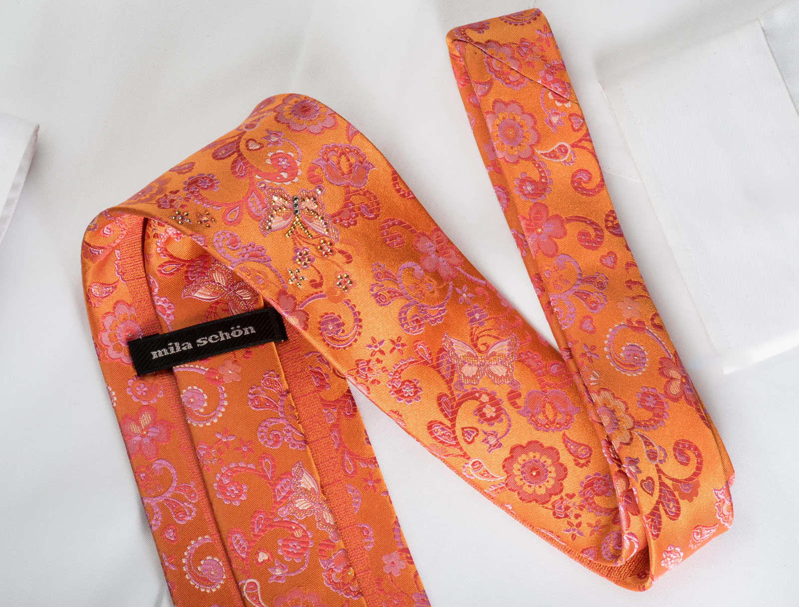 Mila Schon Silk Rhinestone Necktie Floral Butterflies On Orange With Silver Sparkles - Image 4