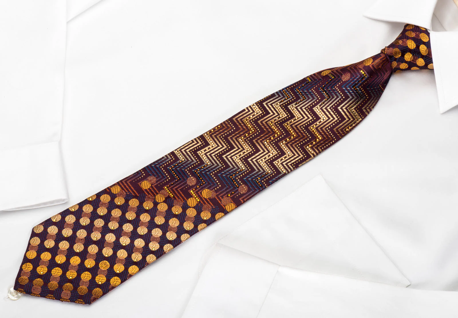 Mila Schon Silk Rhinestone Necktie Golden Chevron Dots On Brown With Gold Sparkles - Image 5