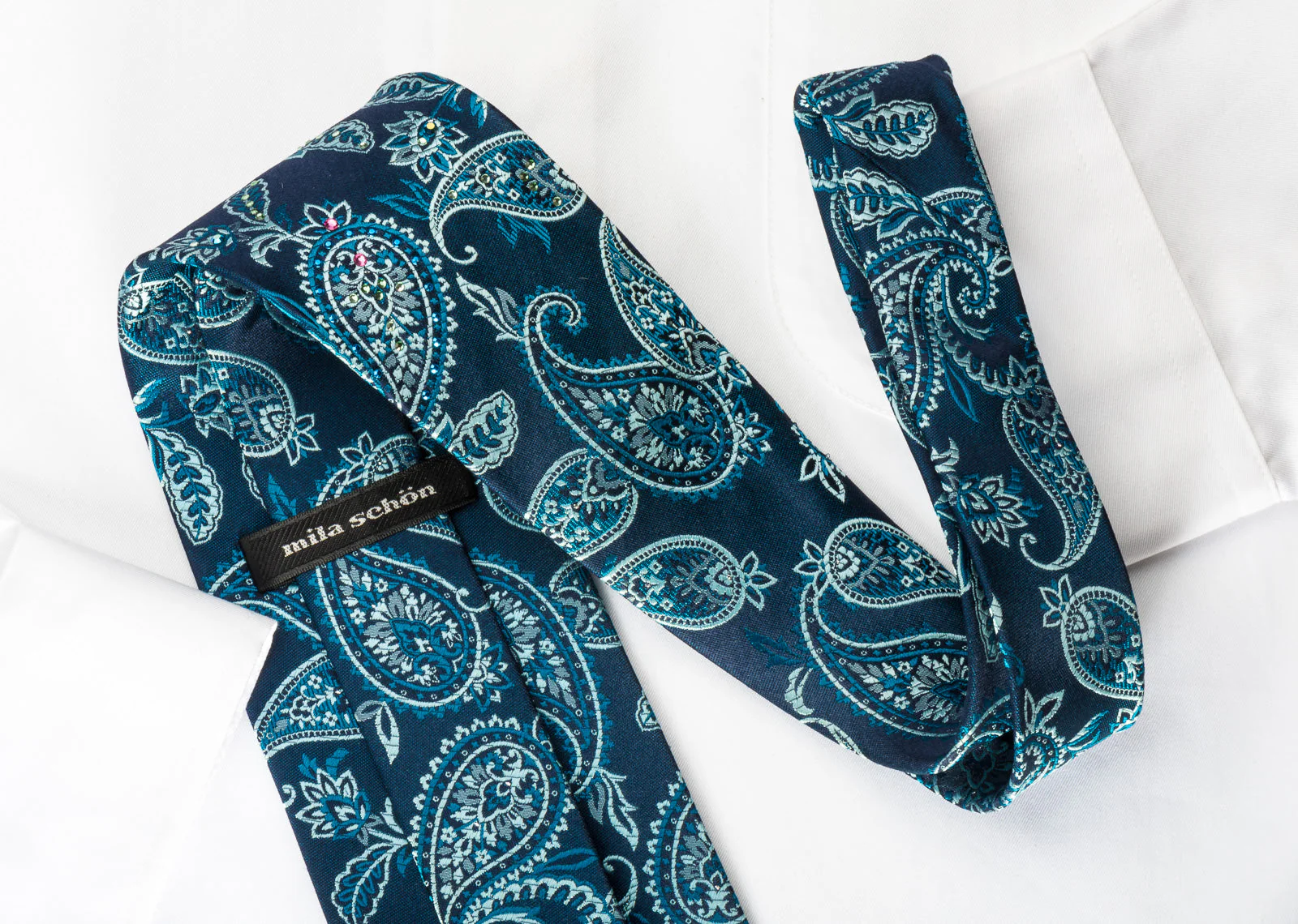 Mila Schon Silk Rhinestone Necktie Paisley On Blue With Silver Sparkles - Image 5