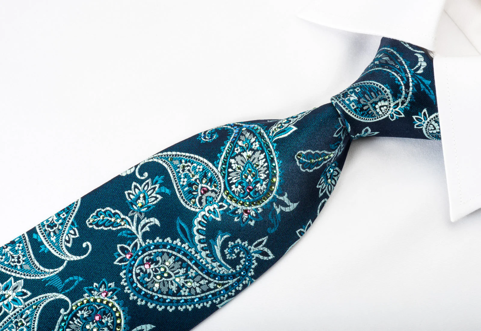 Mila Schon Silk Rhinestone Necktie Paisley On Blue With Silver Sparkles - Image 7