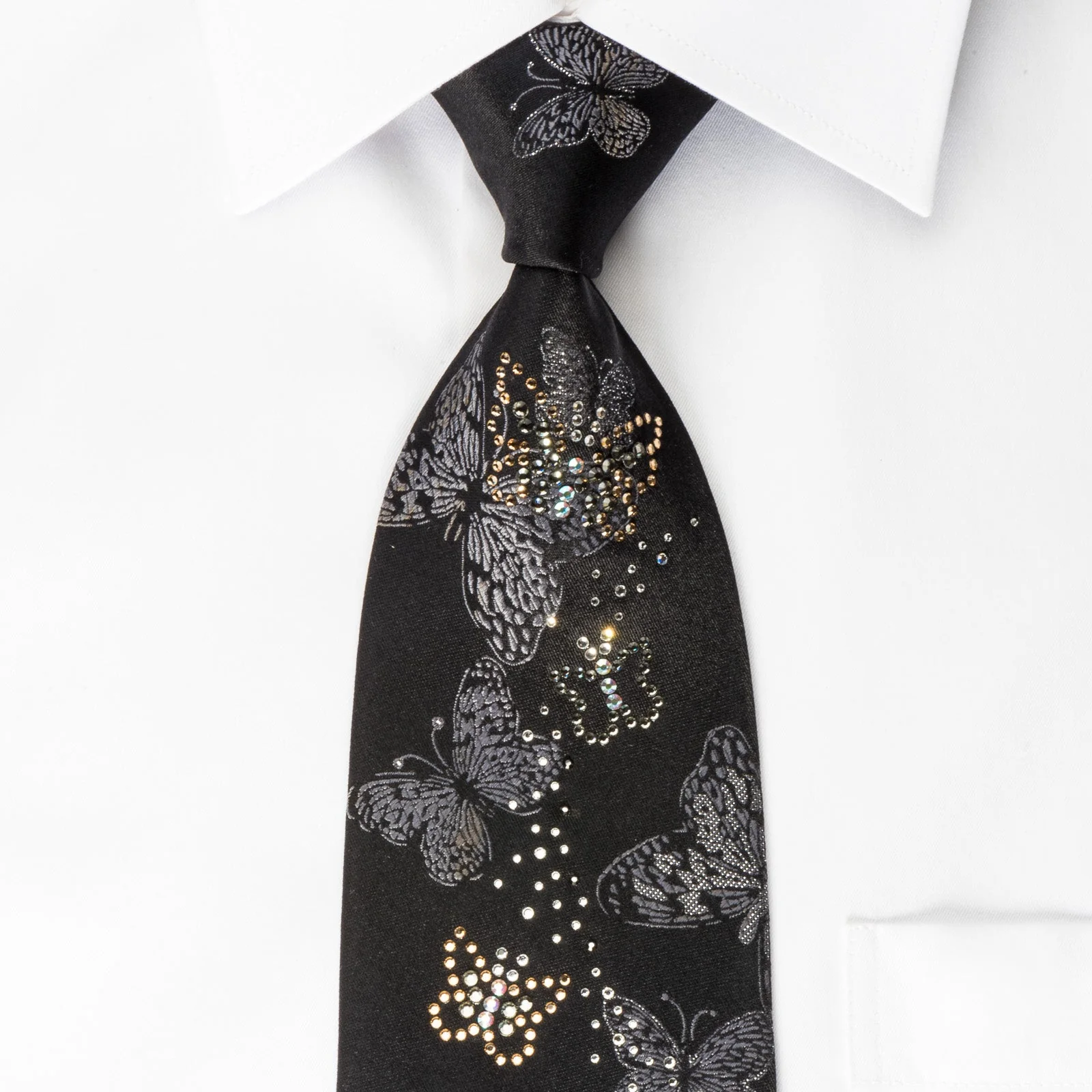 Mila Schon Silk Rhinestone Necktie Silver Butterflies On Black With Sparkles