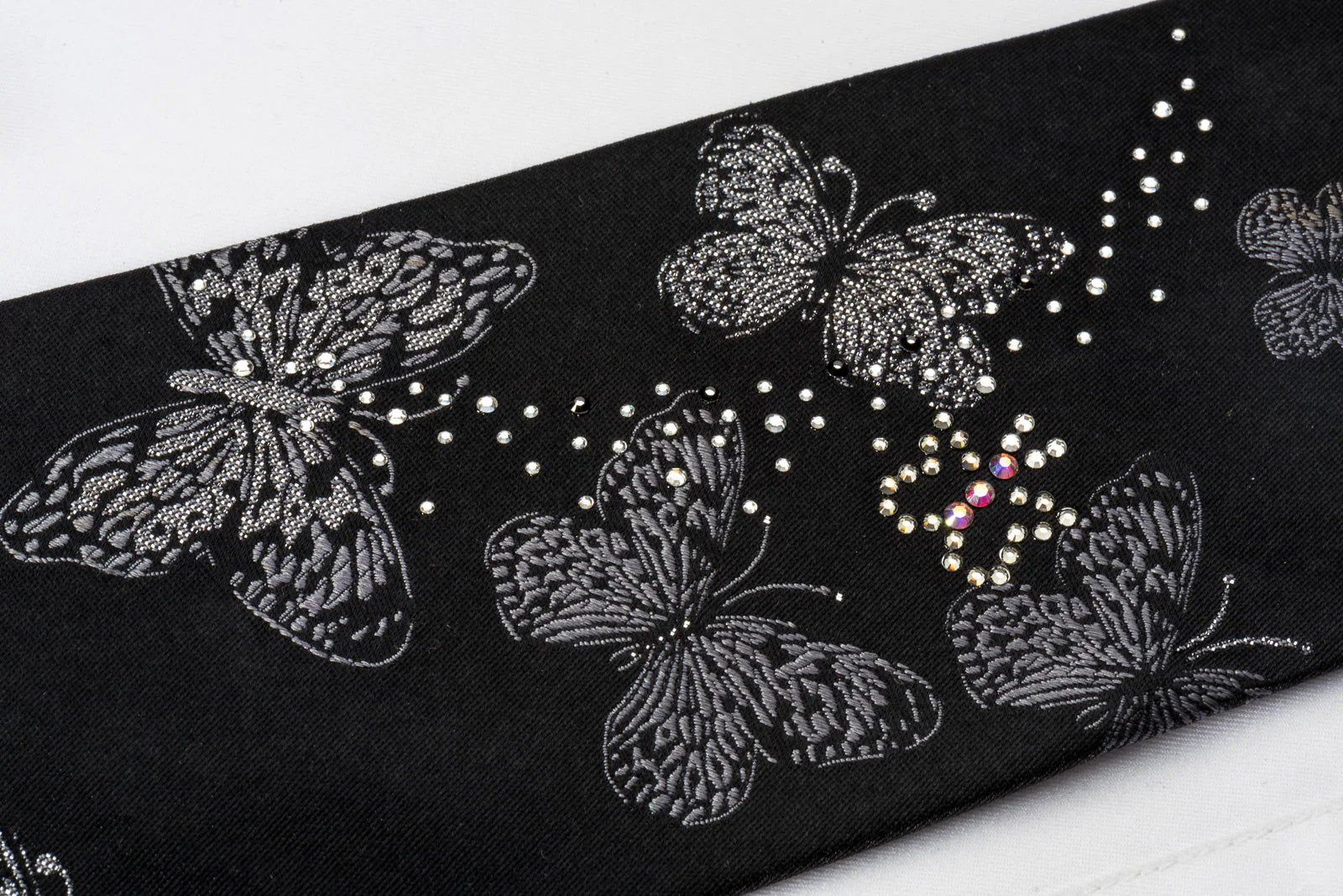 Mila Schon Silk Rhinestone Necktie Silver Butterflies On Black With Sparkles - Image 6