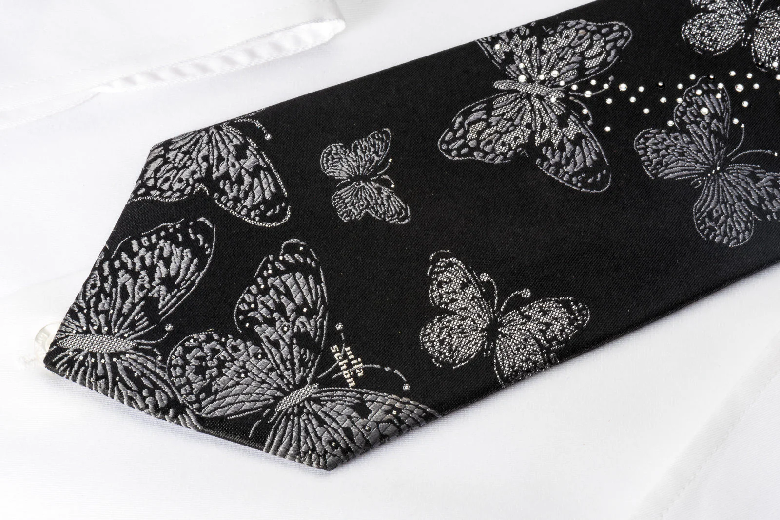Mila Schon Silk Rhinestone Necktie Silver Butterflies On Black With Sparkles - Image 8