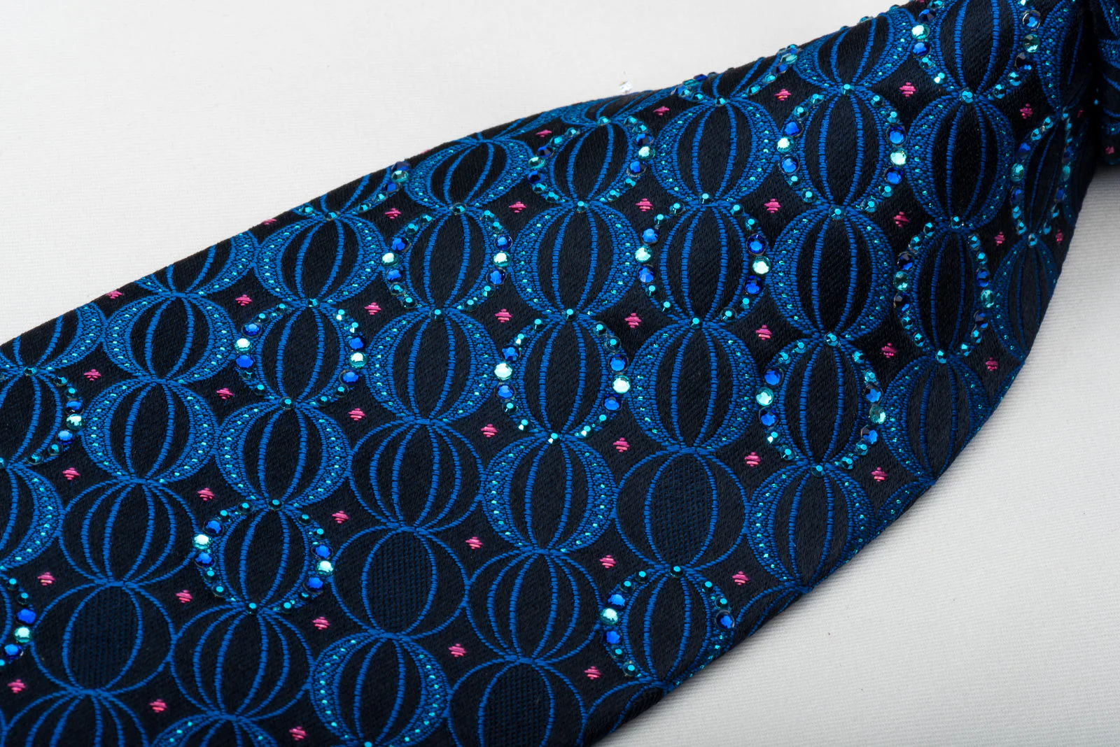 Mila Schon Silk Rhinestone Tie Geometric Ovals On Blue With Sparkles - Image 5