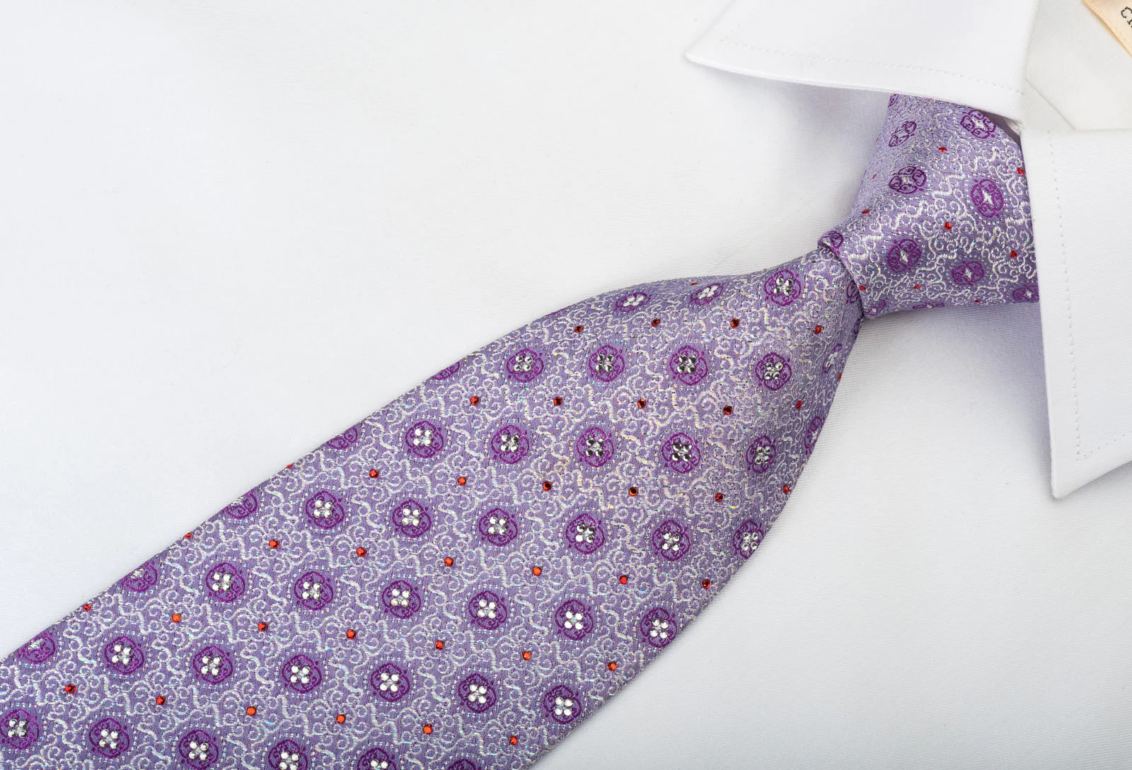 Mila Schon Silk Rhinestone Tie Silver Cartouche On Mauve With Silver Sparkles - Image 7
