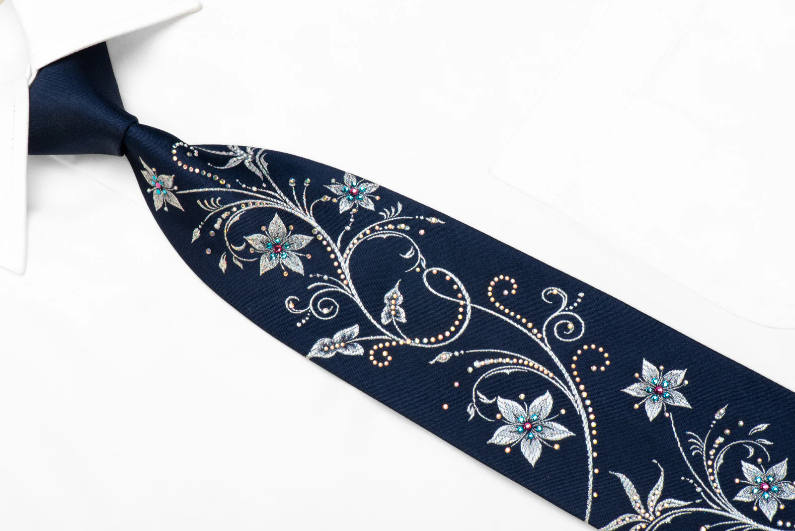 Silver Floral On Navy Rhinestone Silk Tie With Sparkles - Image 2