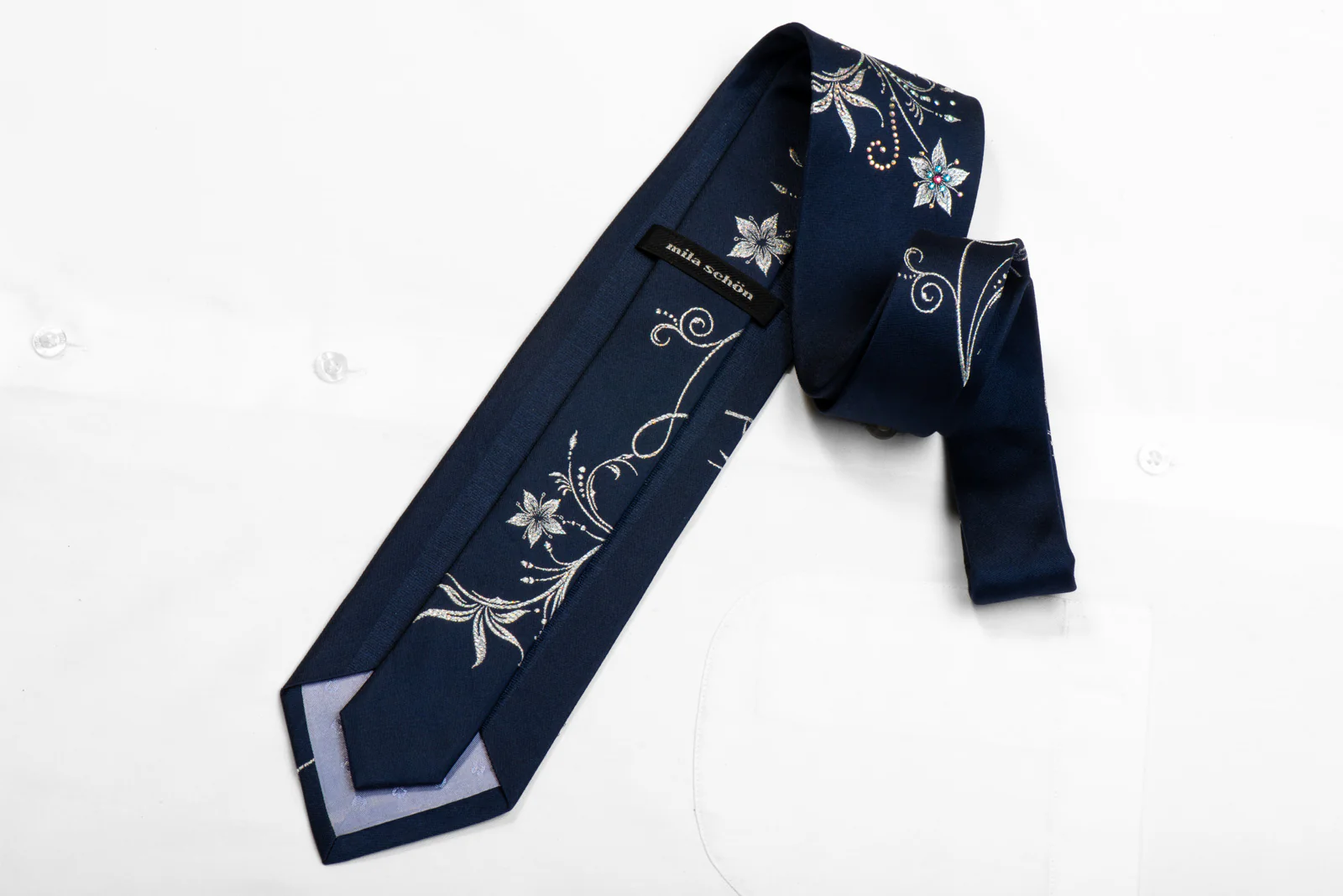 Silver Floral On Navy Rhinestone Silk Tie With Sparkles - Image 4