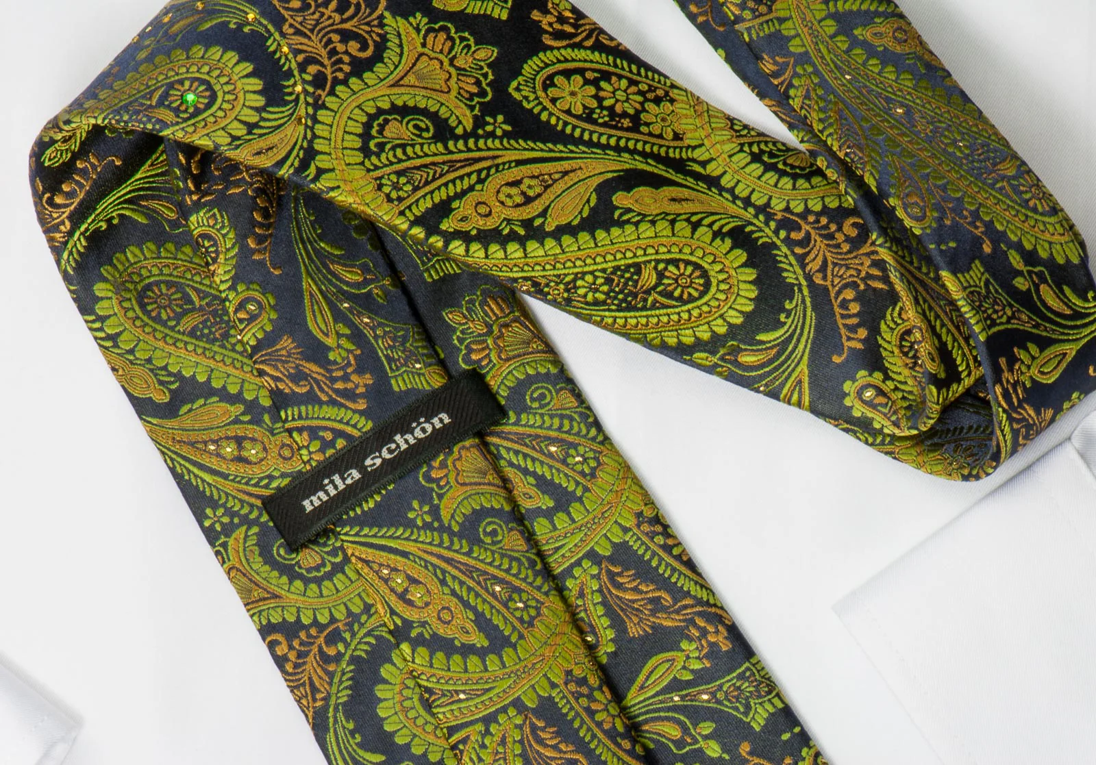 Mila Schon Woven Silk Necktie Olive Green Paisley With Rhinestones - Image 3